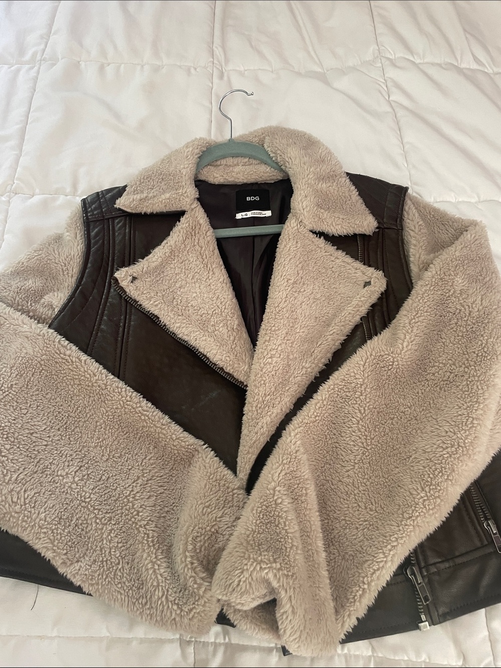 BDG Taupe Faux Shearling Moto Jacket with Black Panels Urban Outfitters Medium